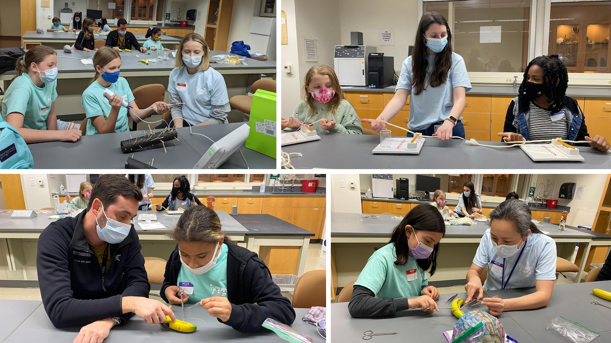 Duke HNS&CS members teach young girls and allies surgical skills.