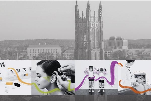 Image of Duke Chapel overlaid by other images of the seven discoveries at Duke 