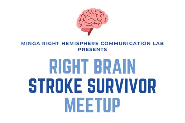 Image with picture of brain and words "Minga Right Hemisphere Communication Lab Presents: Right Brain Stroke Survivor Meetup"