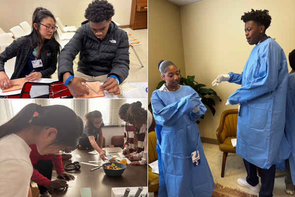 three picture collage of students at the summit. Top left, two students practice suturing. Bottom left, students work at a table. Right, two students practice scrubbing in. 