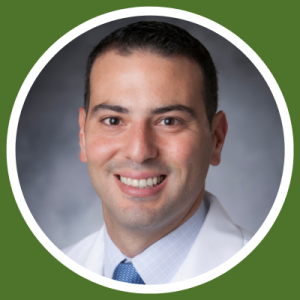 Headshot of Dr. Abi on Duke green background