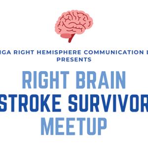 Image with picture of brain and words "Minga Right Hemisphere Communication Lab Presents: Right Brain Stroke Survivor Meetup"