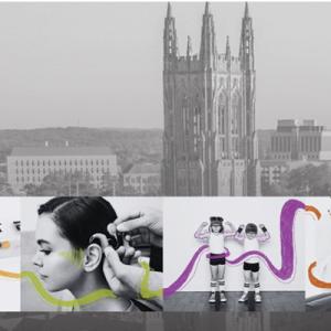 Image of Duke Chapel overlaid by other images of the seven discoveries at Duke 